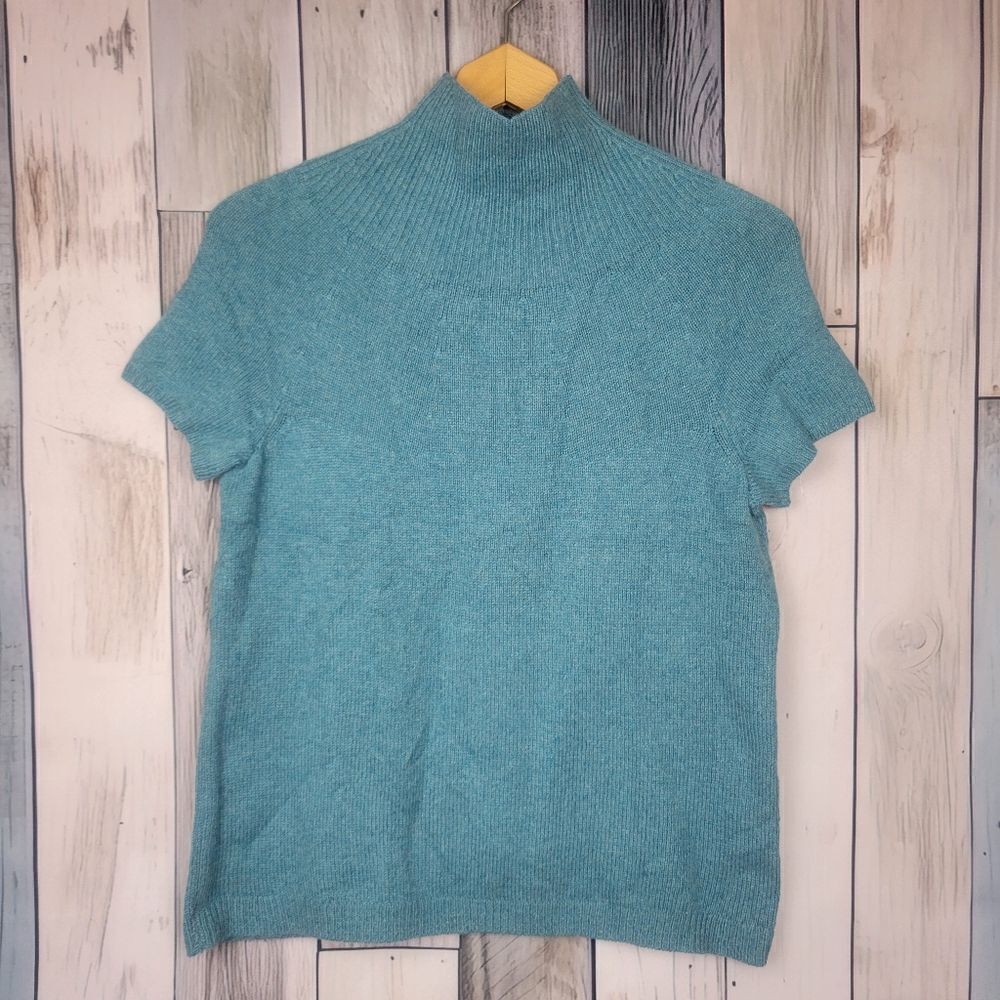 Elie Tahari Blue Knit Short Sleeve Top Mock Neck Cashmere size Large